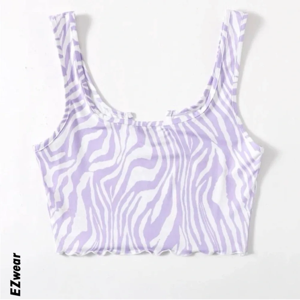 shein ezwear notched neck lettuce trim tank purple zebra striped polyester xs - Picture 2 of 5